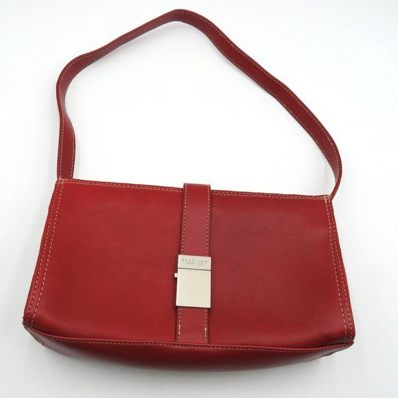Reaction Kenneth Cole Red Leather Bag Silver Tone Accent White Stitching - Picture 1 of 11